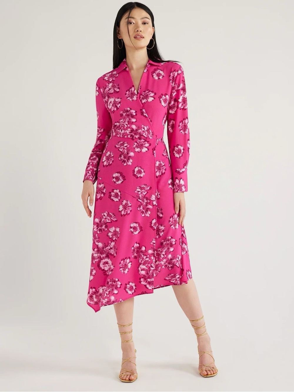 Scoop Floral Faux Wrap Midi Dress Pink XS